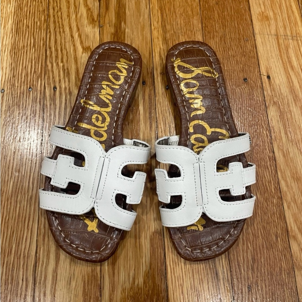 Sam Edelman White and Brown Slide Sandals with Gold Accents
